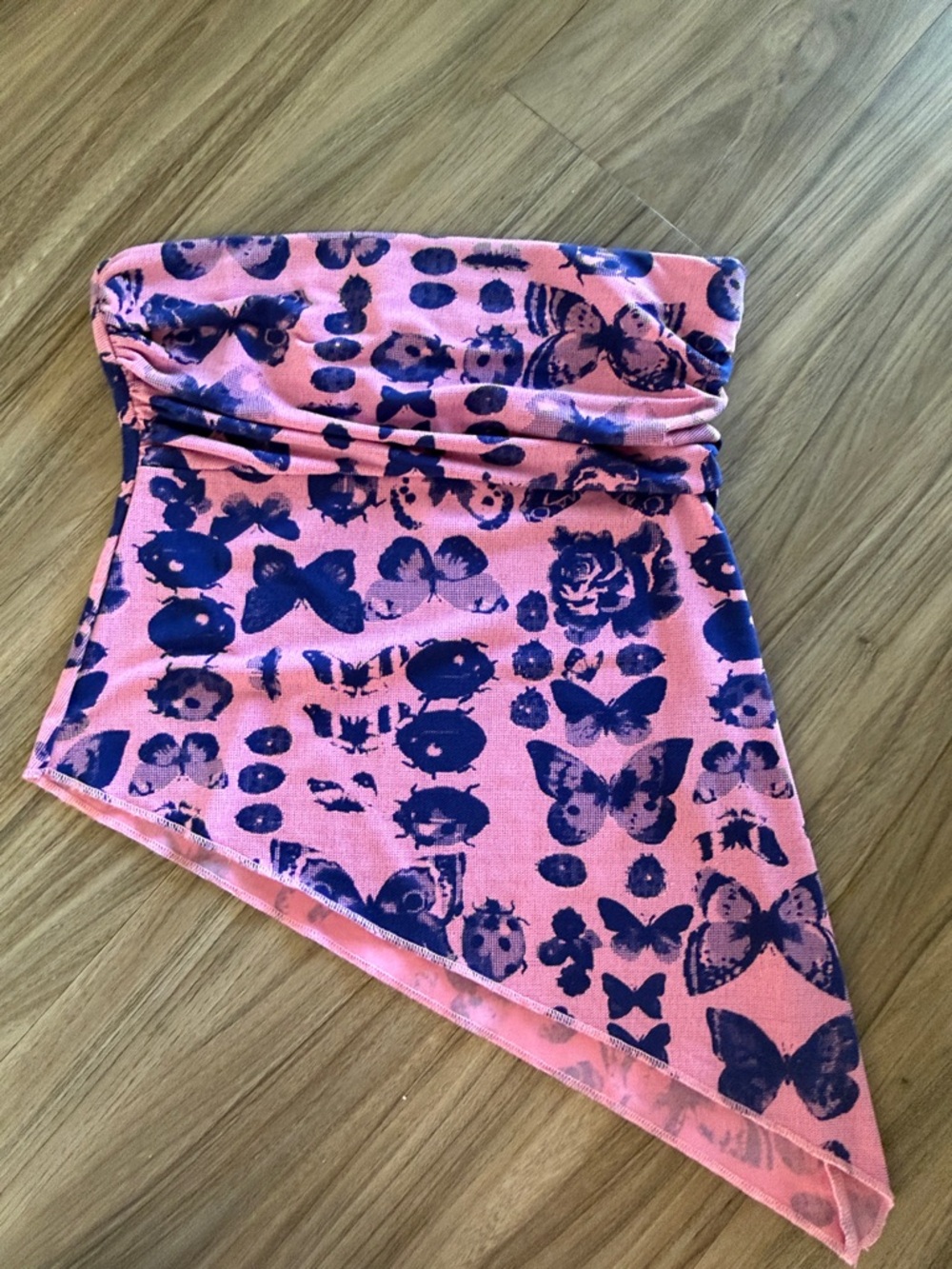 BDG Pink Strapless Asymmetrical Butterfly Print Crop Top